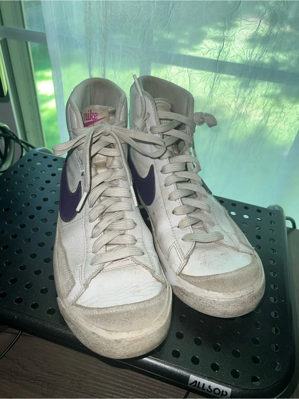Nike Women's White High-Top Sneakers with Purple Swoosh and Pink Nike Script